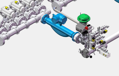 Technische Illustration einer industriellen Rohrleitungs- und Steueranlage mit mehreren Komponenten: Auf der linken Seite sind vier parallel angeordnete zylindrische Aktoren mit gelben Bet&auml;tigungselementen zu sehen. In der Mitte befindet sich ein gro&szlig;es blaues Rohrsystem mit Flanschverbindungen. Rechts davon ist eine gr&uuml;ne Kugel als Bedienungselement montiert, darunter ein Steuerblock mit roten und schwarzen Komponenten sowie mehreren gelben Schaltmodulen. Unten rechts sind weitere Rohranschl&uuml;sse und Steuerventile sichtbar. Die gesamte Anlage ist in einer isometrischen 3D-Ansicht auf hellem Hintergrund dargestellt und zeigt ein komplexes hydraulisches oder pneumatisches Steuer- und Antriebssystem.